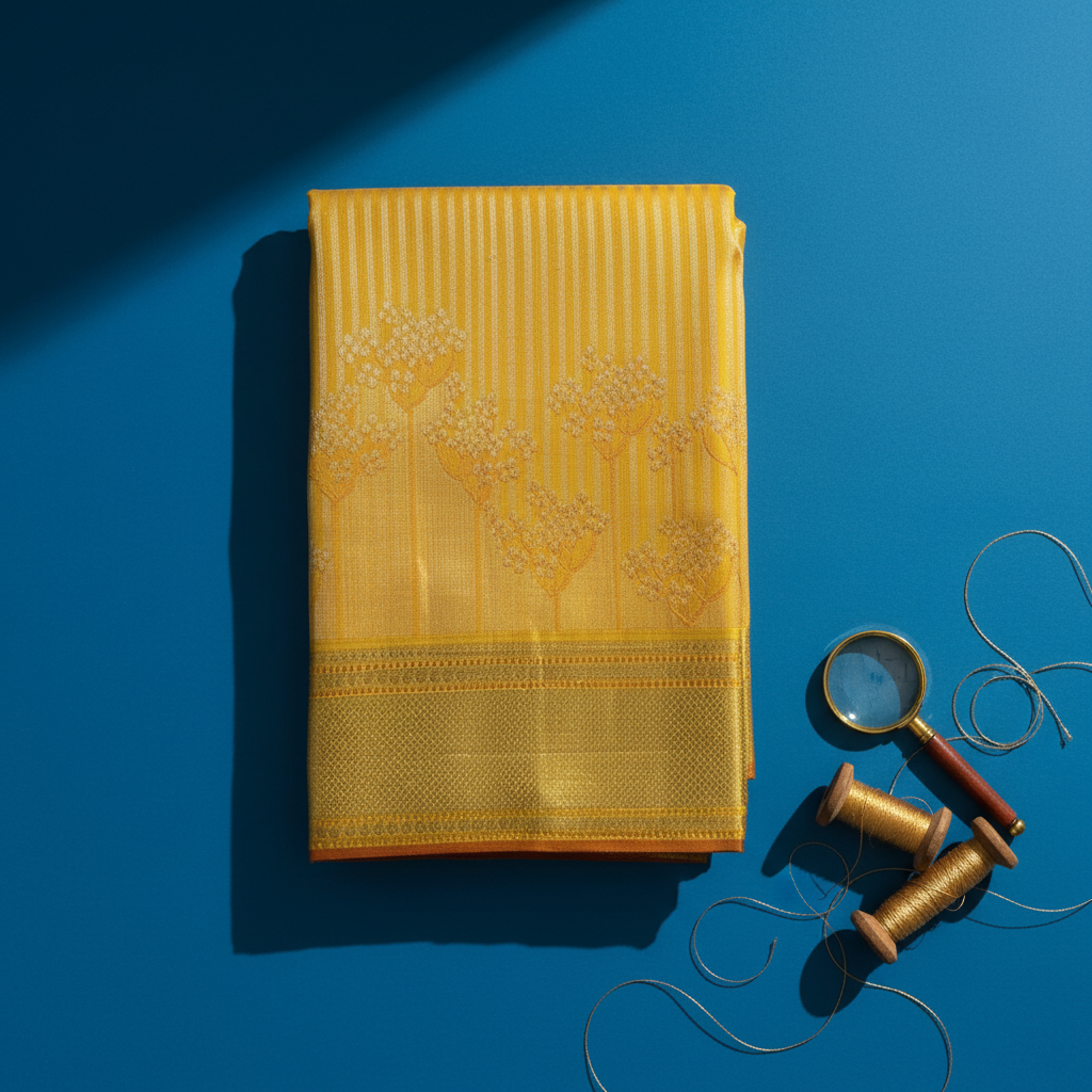 Kuberan Sunshine Yellow with All-Over Gold Zari Pinstripe, Large Floral Tree Butta & Broad Gold Zari Diamond Grid BorderKanchipuram Silk Saree