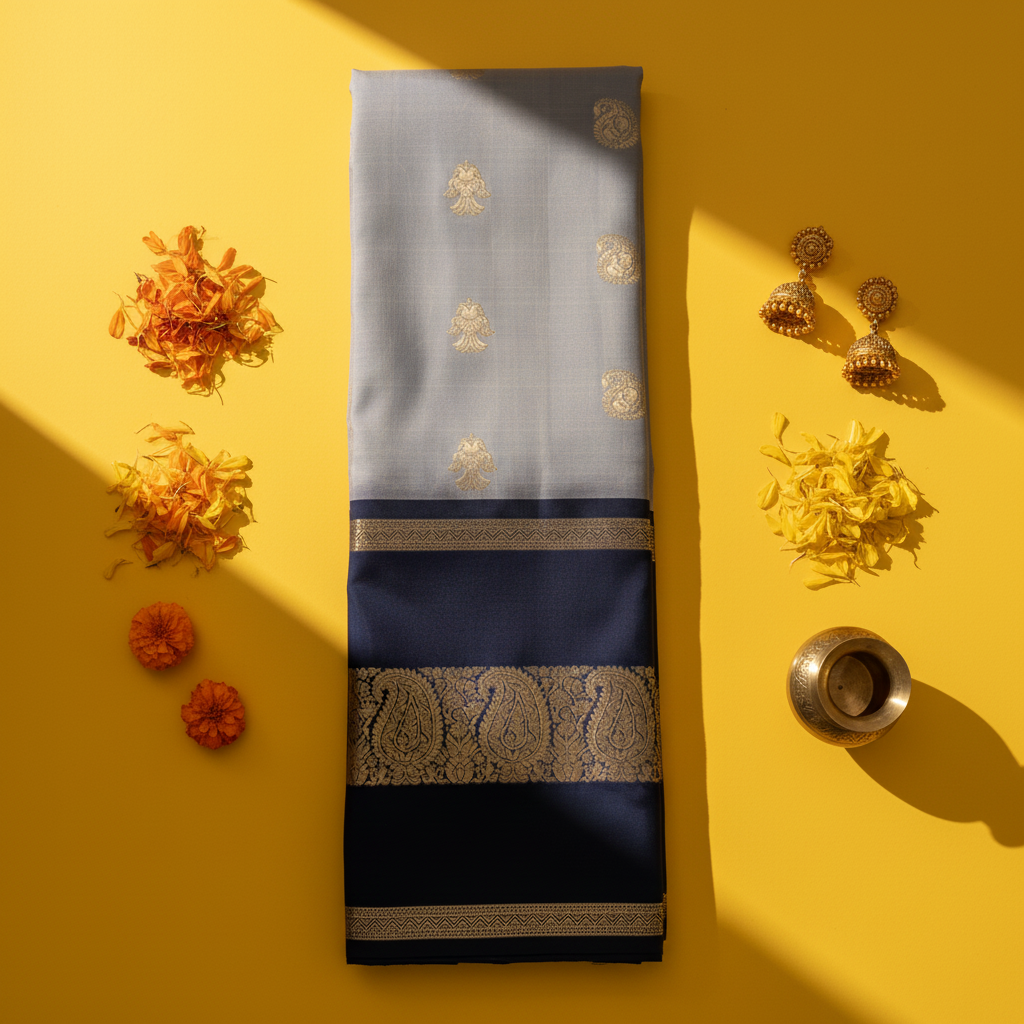 kuberan Grey & Navy Kanchipuram Pure Silk Saree