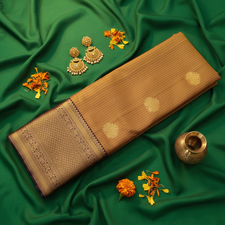 Kuberan Golden Brown Kanchipuram Pure Silk Saree