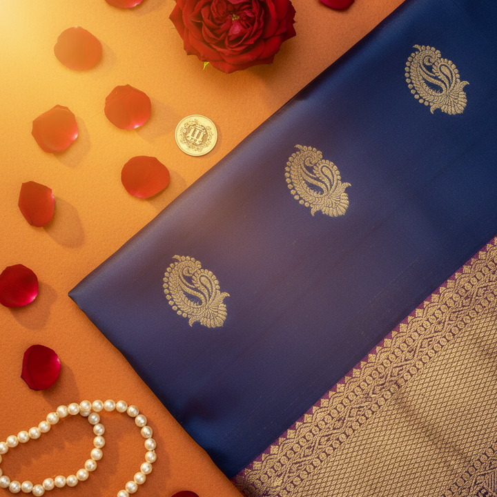 Kuberan Navy Blue Kanchipuram Pure Silk Saree with Gold Paisley Buttas