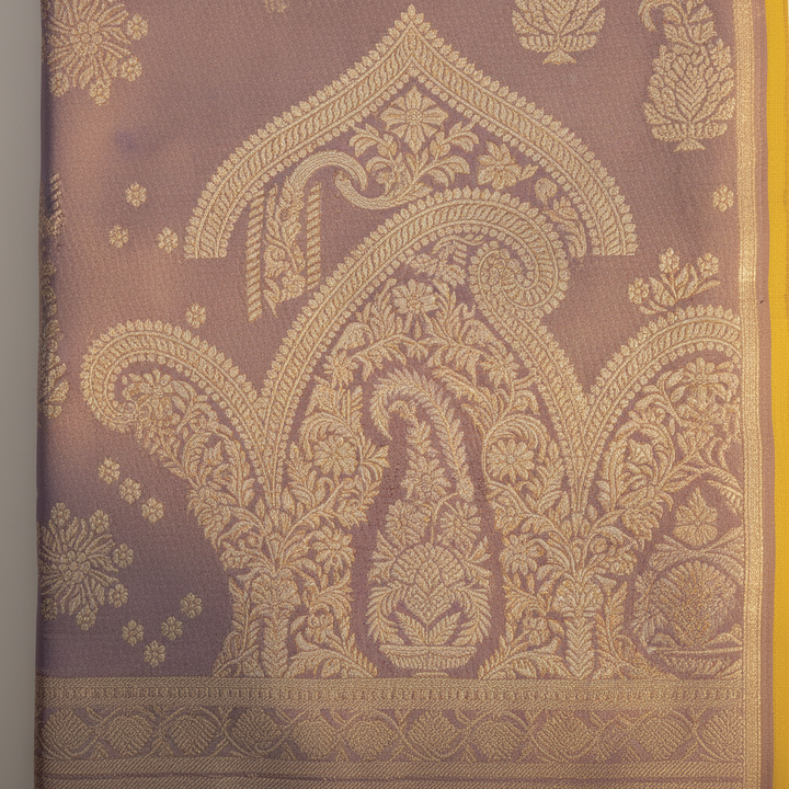 Kuberan Mauve Kanchipuram Silk Saree with Gold Zari Paisley & Temple Arch Weave border