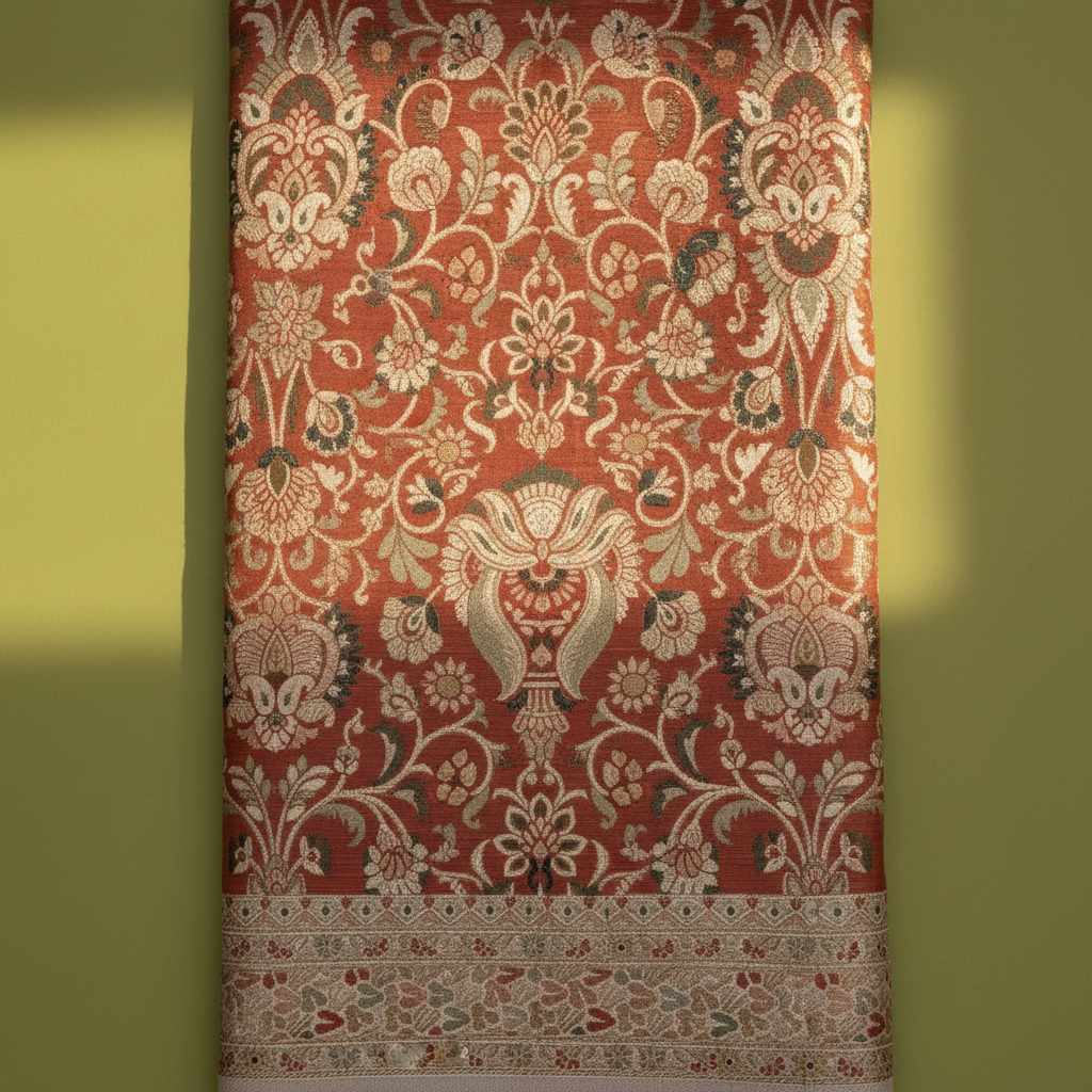Kuberan Rust Red Kanchipuram Silk Saree with Floral Vase & Cream Meenakari border
