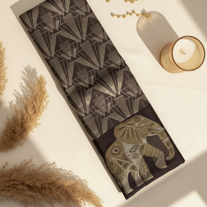 Kuberan purple with All-Over Silver & Gold Zari Art Deco Geometric Crystal Shard Weave & Large-Scale Gold Zari Mandala Elephant Kanchipuram Silk Saree