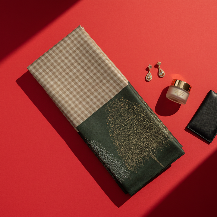 Kuberan Ivory Cream Gingham Check Body with Deep Bottle Green Gold Zari border Kanchipuram Silk Saree