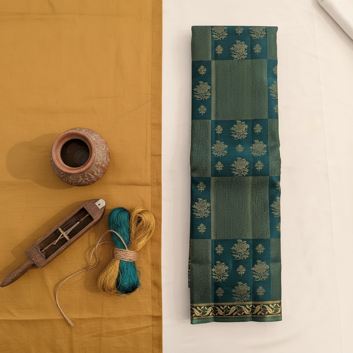 kuberan Kanchipuram Silk Saree - Teal Green with Gold Zari Checks & Floral Buttas