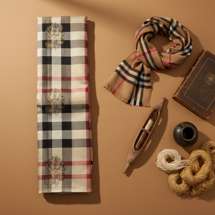 Kuberan  Ivory Cream Heritage Tartan Check with Scattered Gold Zari Lotus Buttas Kanchipuram Silk Saree