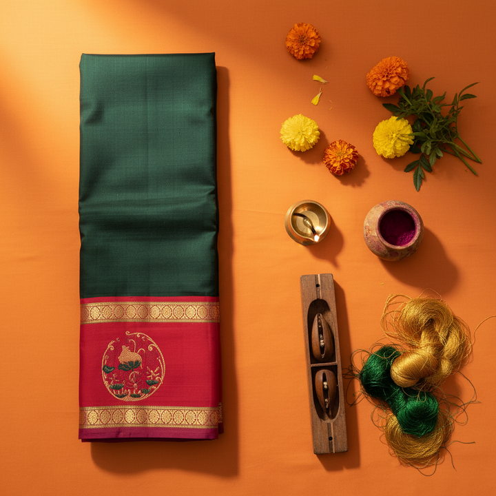 kuberan Kanchipuram Silk Saree - bottle  Green with Crimson Red Border & Kalasha Motif