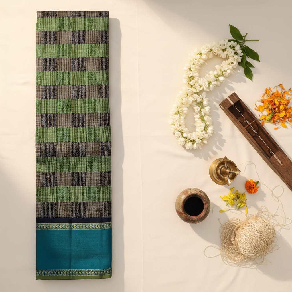 Kuberan Forest Green & Navy Blue Large-Scale Two-Colour Checks with Broad Peacock Teal Border  Kanchipuram Silk Saree