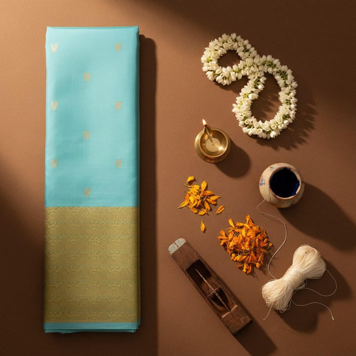 Kuberan  Sky Blue with Scattered Paired Gold Zari Duck (Hamsa) Buttas & Broad Antique Gold Zari Dense Floral Scroll Temple Arch Border Kanchipuram Silk Saree