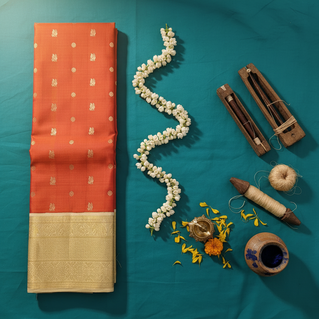 Kuberan Kanchipuram Silk Saree Orange with Scattered Gold Zari Peacock & Floral Medallion Buttas & Broad Antique Gold Zari Geometric Multi-Band Border
