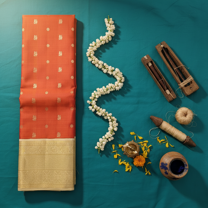 Kuberan Kanchipuram Silk Saree Orange with Scattered Gold Zari Peacock & Floral Medallion Buttas & Broad Antique Gold Zari Geometric Multi-Band Border