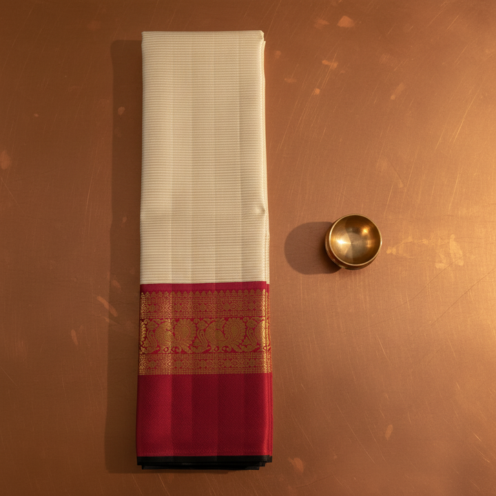 Kuberan  Ivory Cream with All-Over Fine Gold Zari Pinstripe Body & Broad Deep Crimson Red Gold Zari Peacock & Floral Scroll Border Kanchipuram Silk Saree