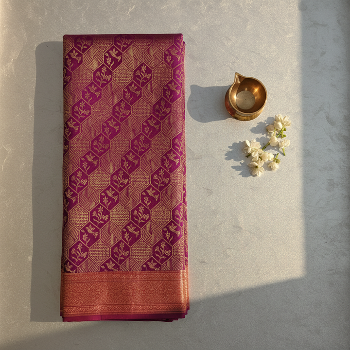 Kuberan Deep Magenta Purple with All-Over Gold Zari Hexagonal Honeycomb Jaal & Gold Zari  Border Kanchipuram Silk Saree
