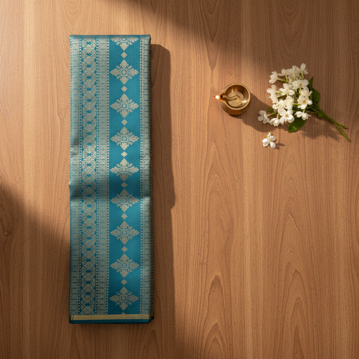 Kuberan Peacock Teal with All-Over Silver Zari Dense Geometric Diamond & Snowflake Jaal & Broad Self-Colour Teal Silver Zari Multi-Band Border Kanchipuram Silk Saree