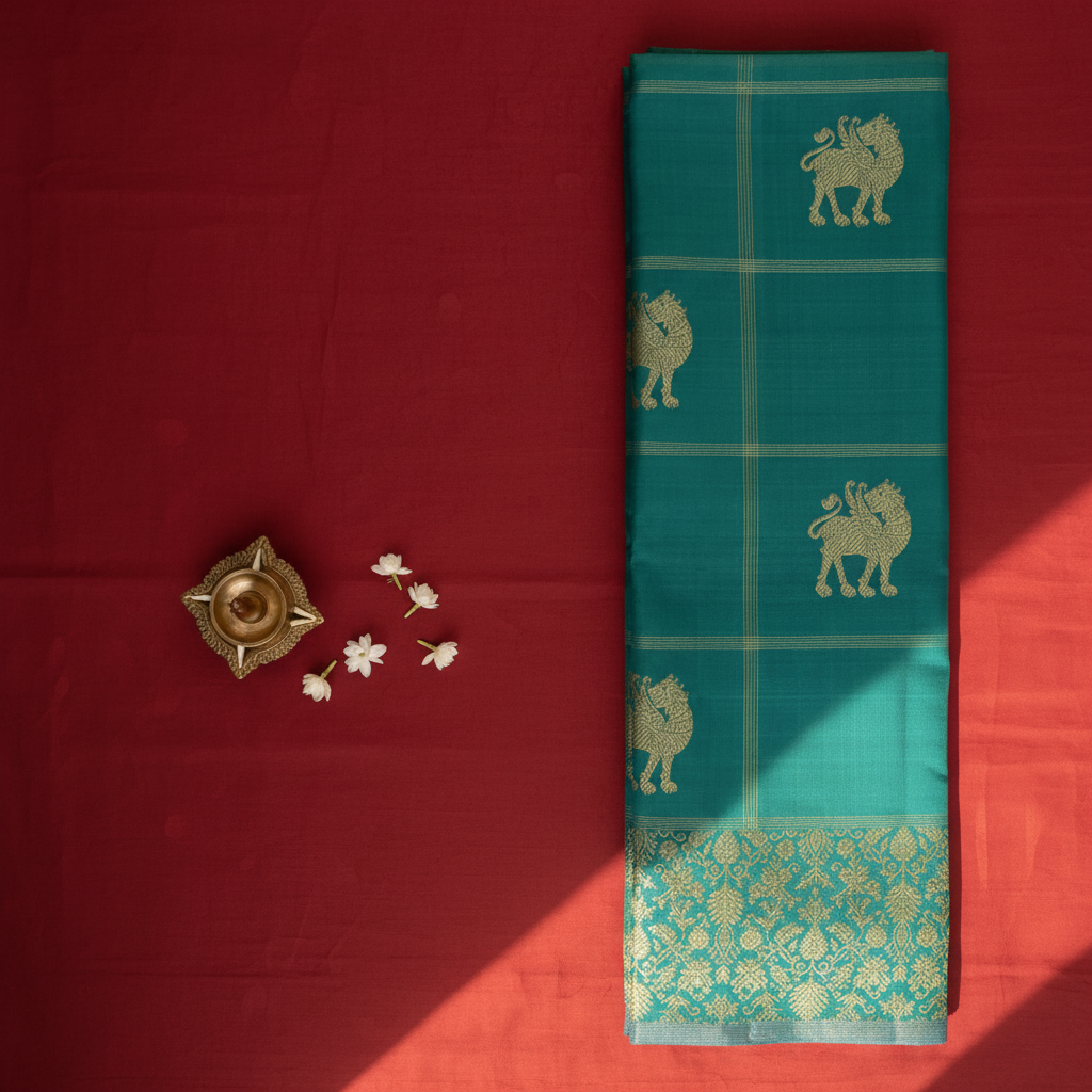 Kuberan Kanchipuram Silk Saree Peacock Teal with Scattered Gold Zari Yali Buttas on Fine Gold Zari Check Grid & Broad Self-Colour Teal Gold Zari Floral Border