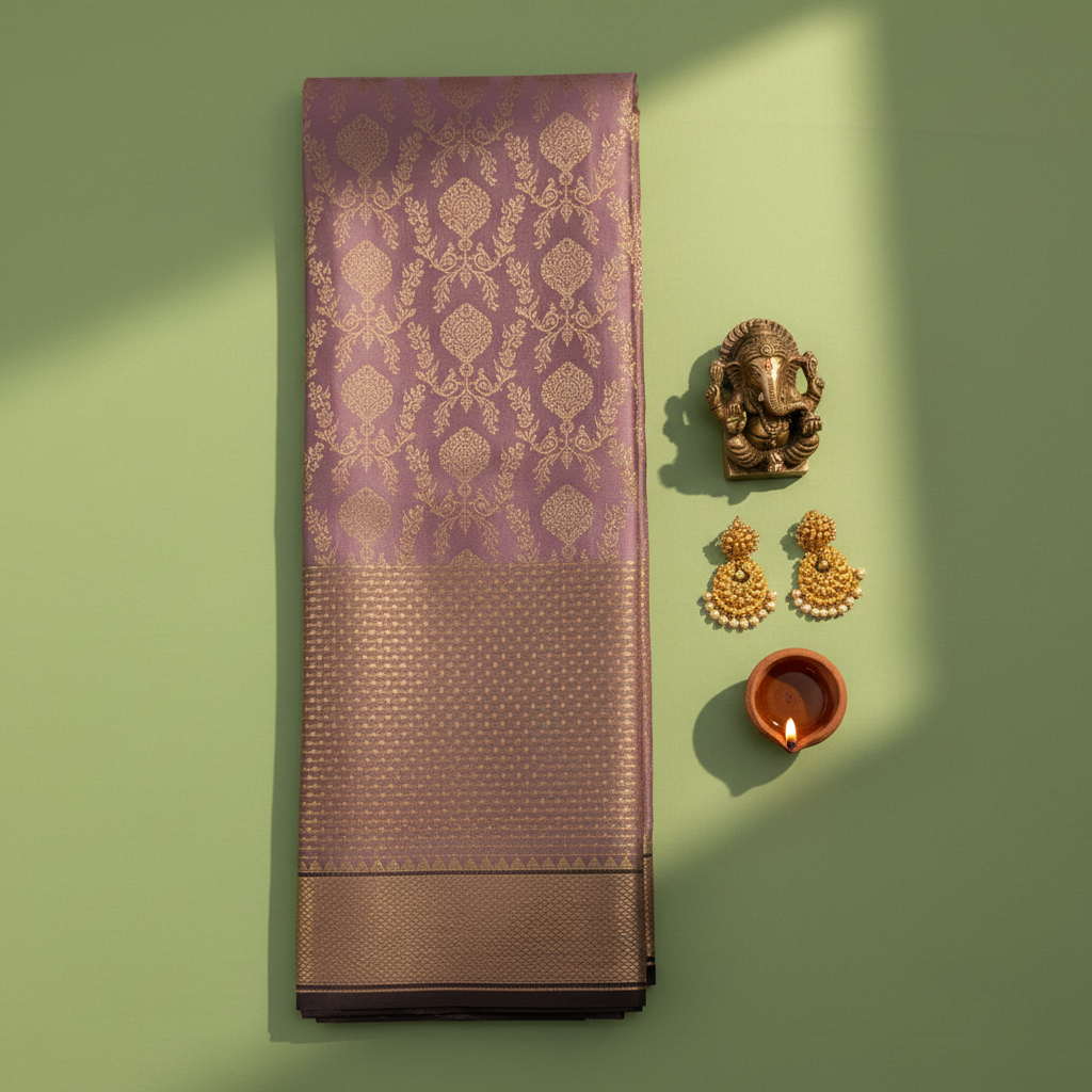 Kuberan  Mauve Lilac with All-Over Gold Zari Floral  Butta & Broad Antique Gold Zari Border Kanchipuram Silk Saree