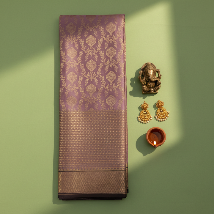 Kuberan  Mauve Lilac with All-Over Gold Zari Floral  Butta & Broad Antique Gold Zari Border Kanchipuram Silk Saree