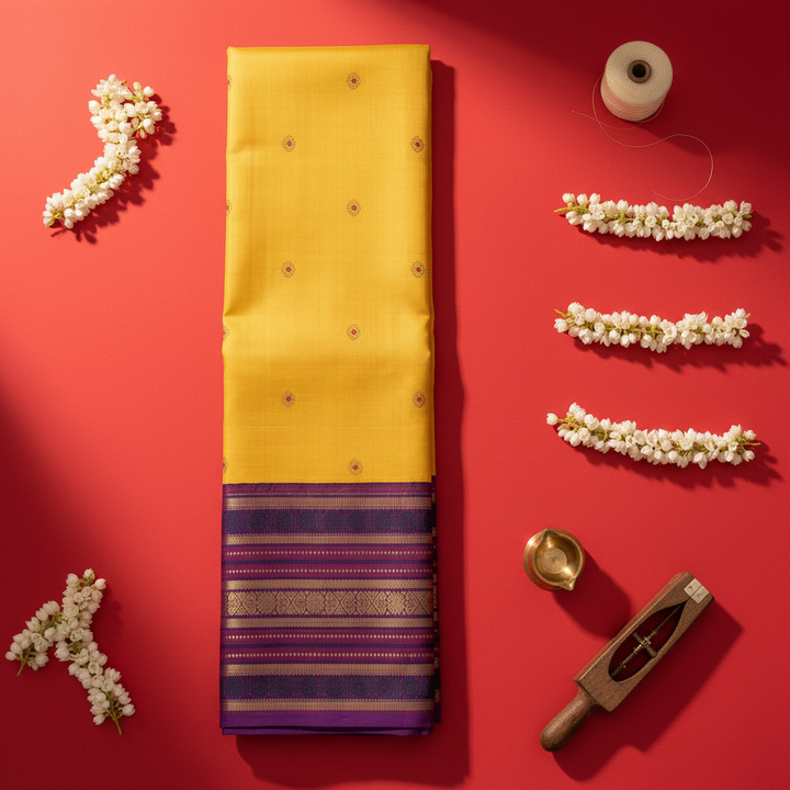 Kuberan Mango Yellow with Scattered Gold Zari Sunflower Medallion Buttas & Broad Deep Violet Multi-Stripe Zari Border Kanchipuram Silk Saree