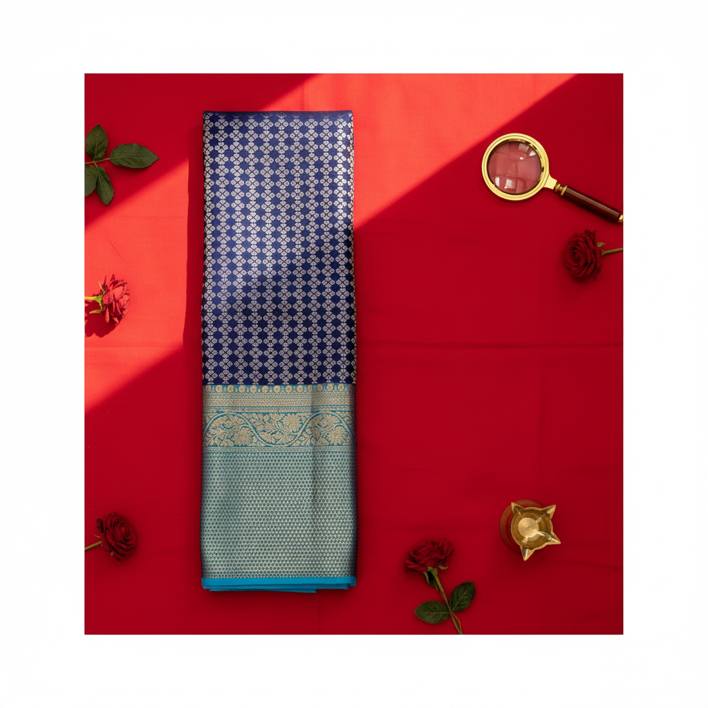 Kuberan  Midnight Navy Blue with All-Over Silver Zari Diamond & Rosette Jaal & Broad Contrast Sky Blue Gold Zari borderKanchipuram Silk Saree