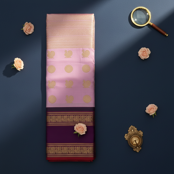 Kanchipuram Silk Saree - Blush Pink with Gold Zari Peacock Medallion & Floral Buttas & Broad Deep Plum Purple Gold Zari Peacock Border