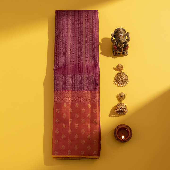 kuberan  Deep Wine Purple with Dense Zari Stripe Body & Rust Orange Floral Butta Kanchipuram Silk Saree