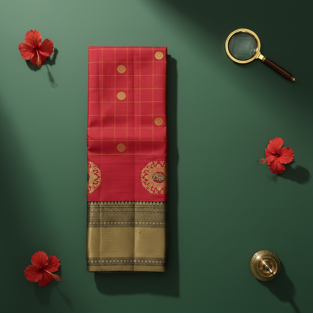 Kuberan Crimson Red with Gold Zari Check Grid, Circular Medallion Buttas & Large Gold Zari Elephant-in-Floral-Medallion with Green Border Kanchipuram Silk Saree