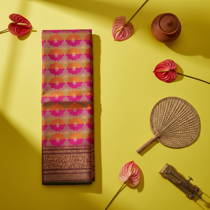 Kuberan Magenta Pink & Orange Kanchipuram Silk Saree