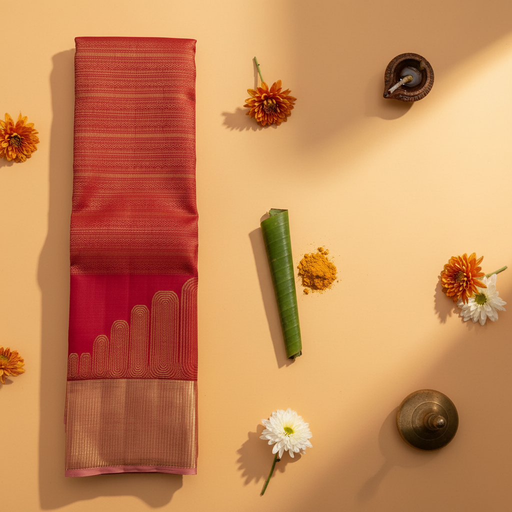 Kuberan Deep Crimson Red All-Over Gold Zari Chevron Stripe Body & Large Gold Zari Graduated Temple Arch  Kanchipuram Silk Saree