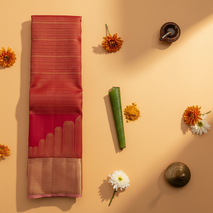 Kuberan Deep Crimson Red All-Over Gold Zari Chevron Stripe Body & Large Gold Zari Graduated Temple Arch  Kanchipuram Silk Saree