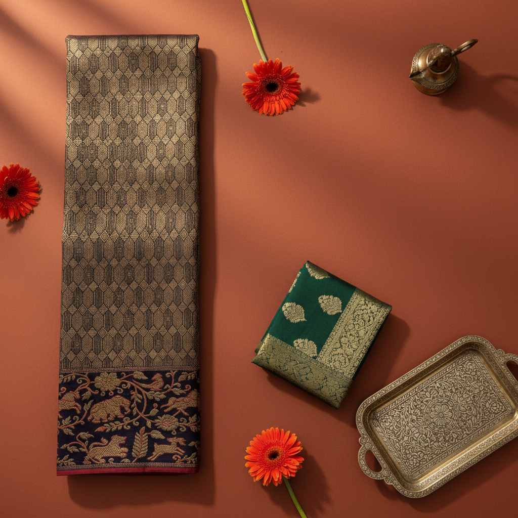 Kuberan Navy Blue All-Over Gold Zari Geometric Diamond & Navy Gold Zari Elephant Lion Deer Forest Scroll Border Kanchipuram Silk Saree