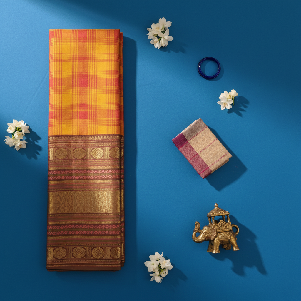 Kuberan Golden Yellow & Crimson Red Kanchipuram Silk Saree