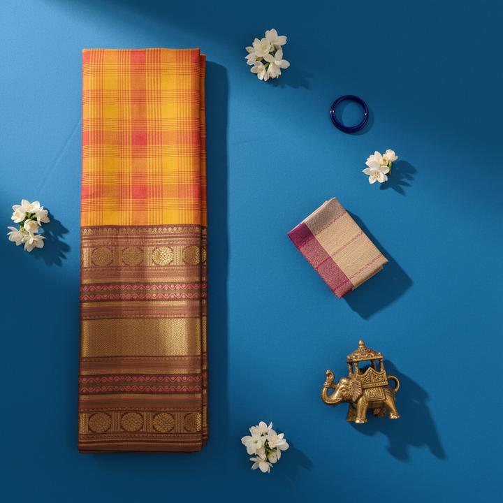 Kuberan Golden Yellow & Crimson Red Kanchipuram Silk Saree