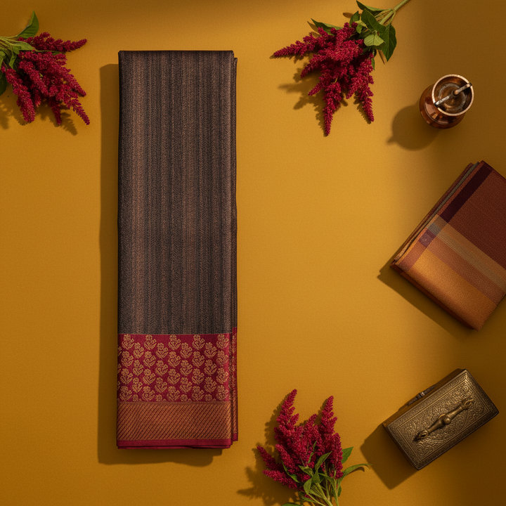 Kuberan Charcoal Blac Vertical Gold Zari Kanchipuram Silk Saree