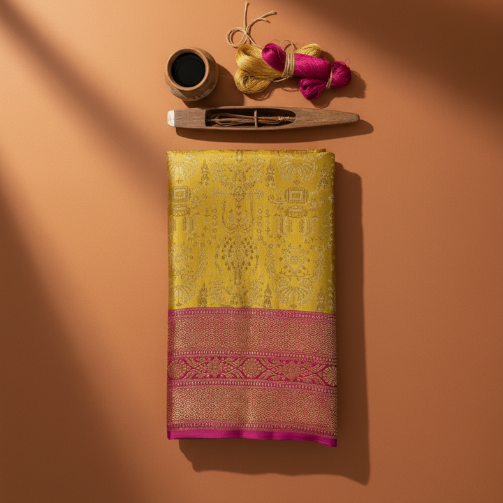 Kuberan  Chartreuse Yellow-Green with All-Over Gold Zari Temple Iconography Jaal & Broad Magenta Zari BorderKanchipuram Silk Saree
