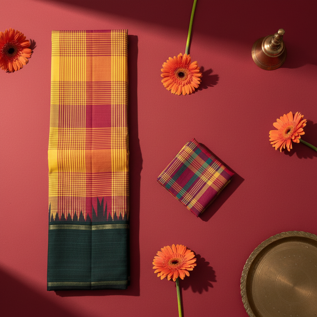 Kuberan Sunshine Yellow Multi-Colour Tartan Check with Deep Forest Green Temple Gopuram Spike Border Kanchipuram Silk Saree