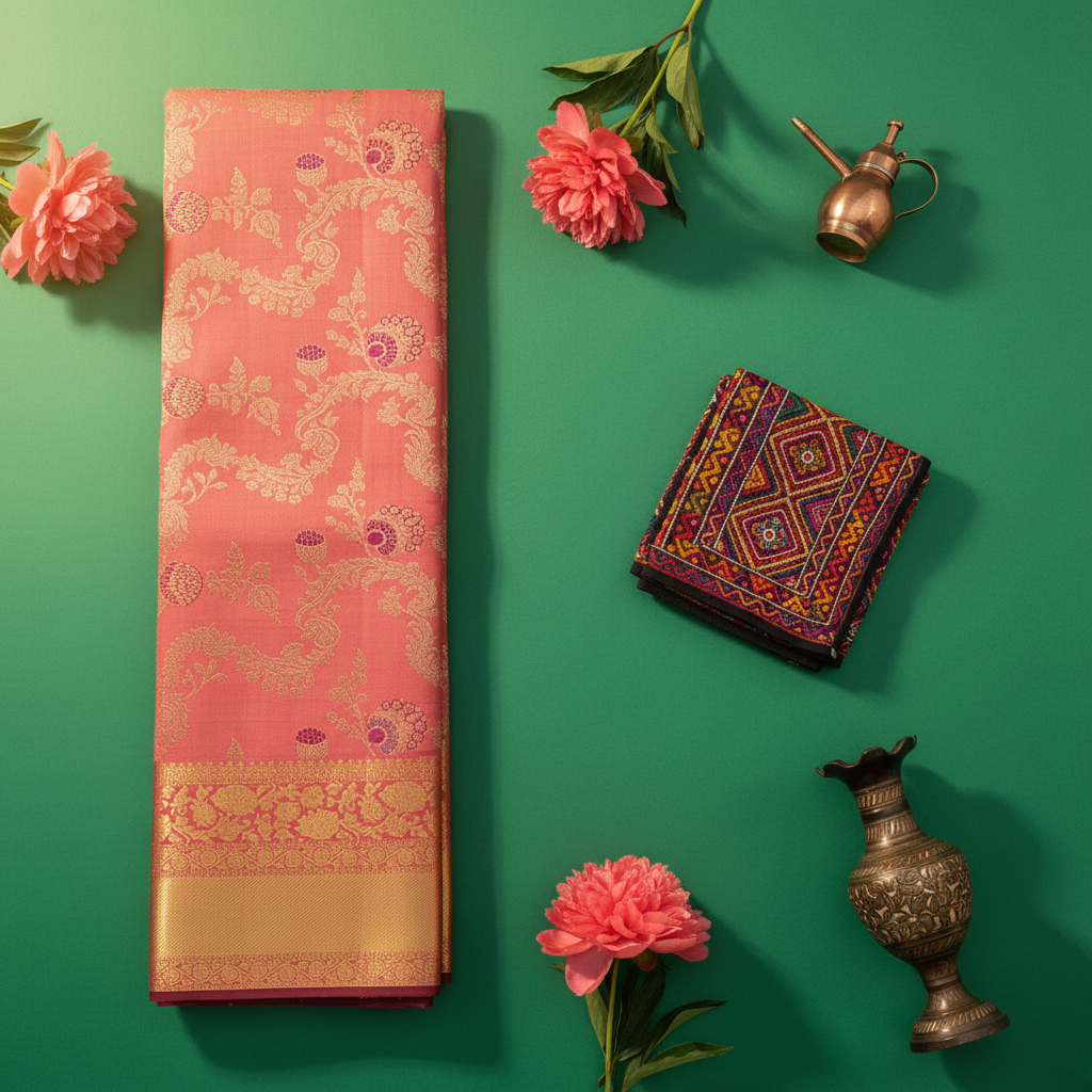 Kuberan Coral Rose Pink All-Over Gold Zari & Meenakari Multi-Colour Floral Vine  Body & Border with Gold Zari Floral  Kanchipuram Silk Saree
