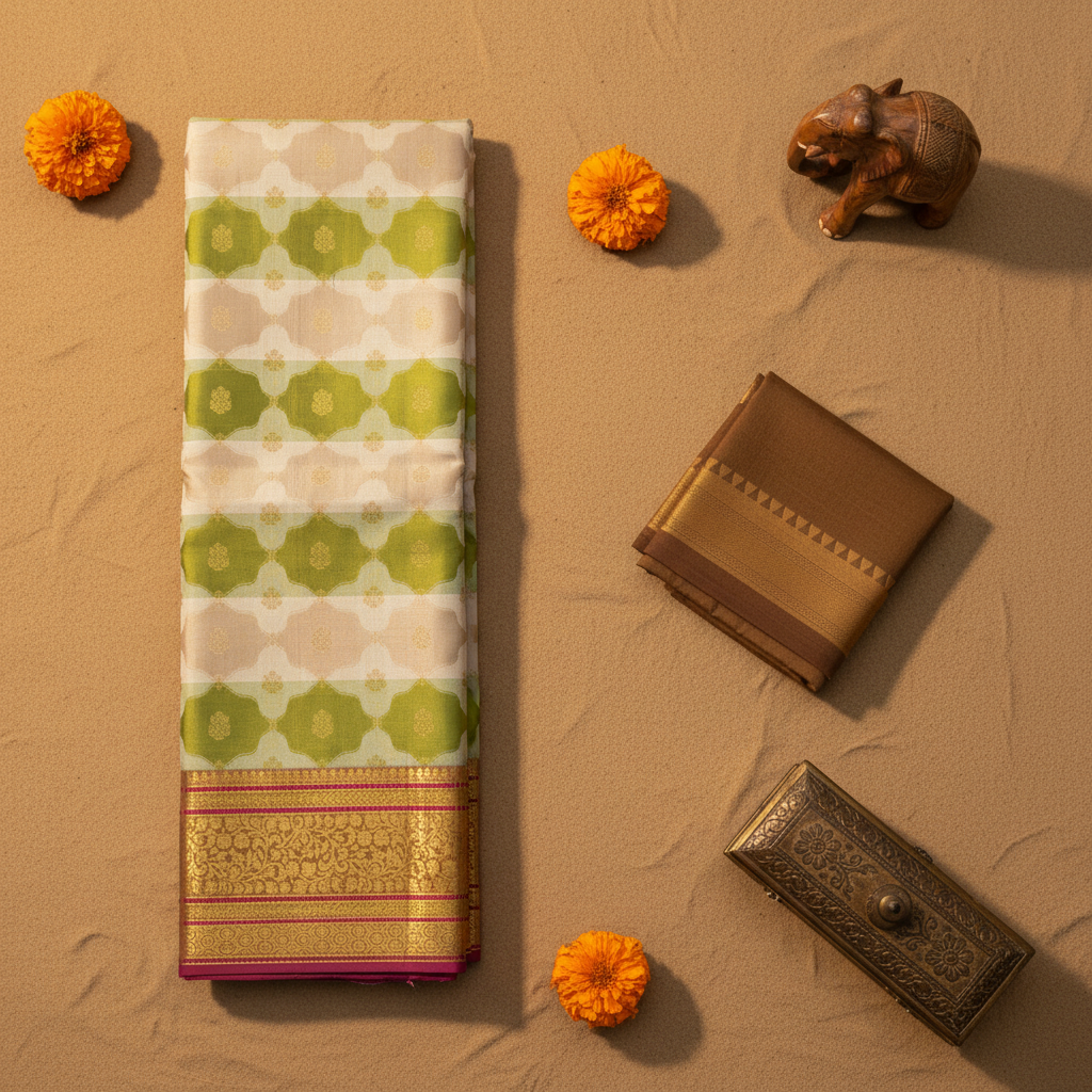 Kuberan  Ivory Cream & Olive Green Two-Colour Body with Gold Zari Floral Butta Kanchipuram Silk Saree