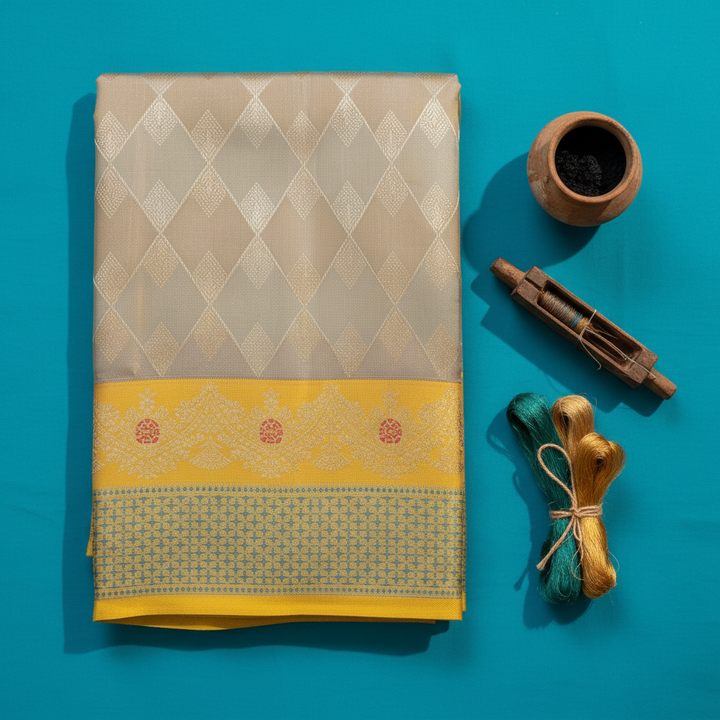 kuberan Kanchipuram Silk Saree - Silver Grey Diamond Weave with Yellow Zari Border & Red Floral Motif
