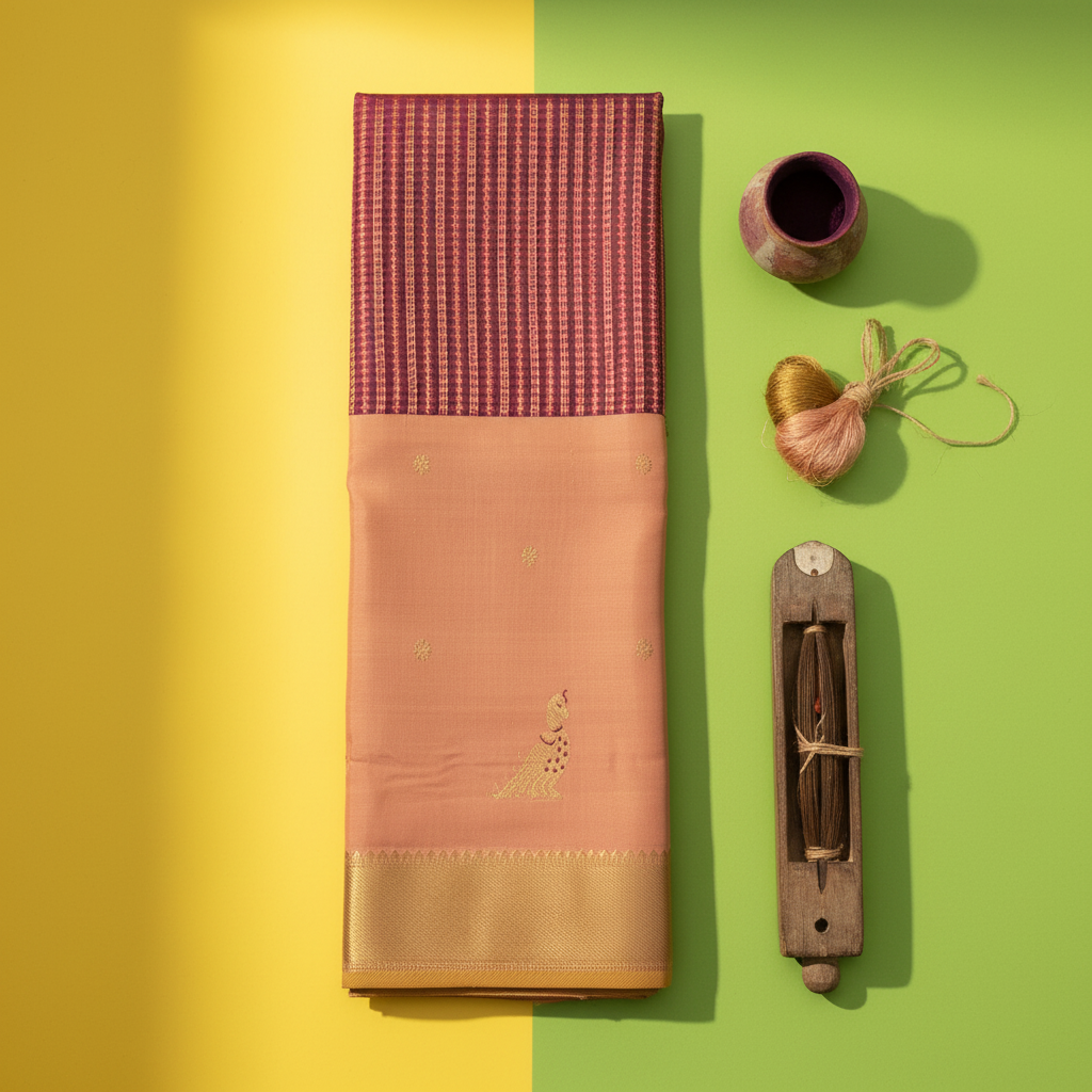 kuberan  Light Maroon & Dusty Rose with Peacock Butta  Kanchipuram Silk Saree