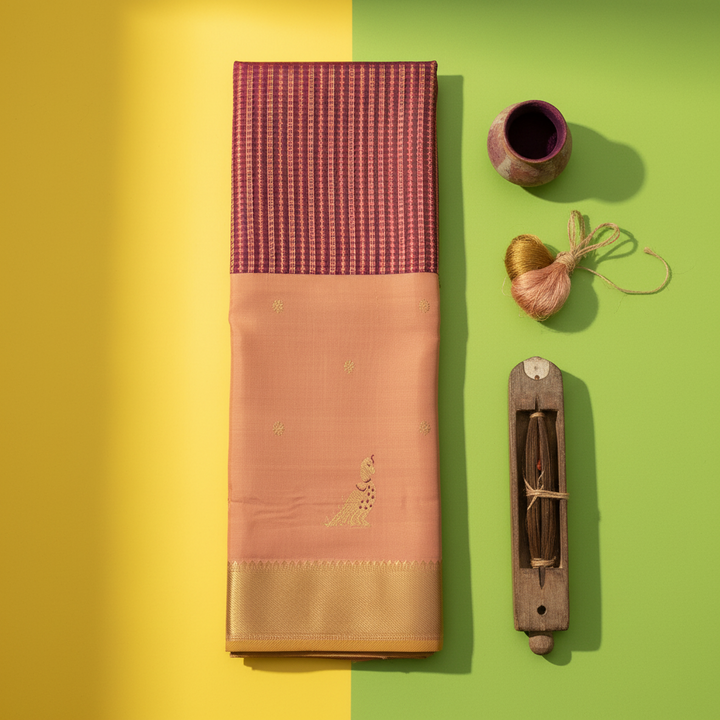 kuberan  Light Maroon & Dusty Rose with Peacock Butta  Kanchipuram Silk Saree