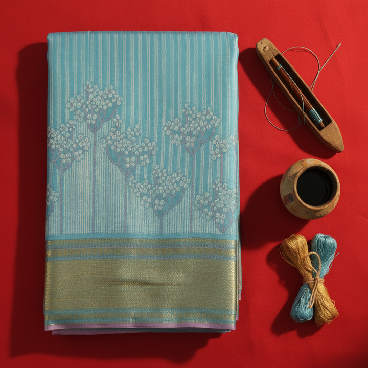 Kuberan Sky Blue with silver Floral Tree Butta & Broad Gold Zari Border Kanchipuram Silk Saree