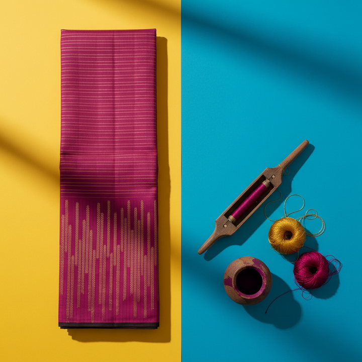 kubern Magenta  Kanchipuram Silk Saree with Gold Zari Stripe