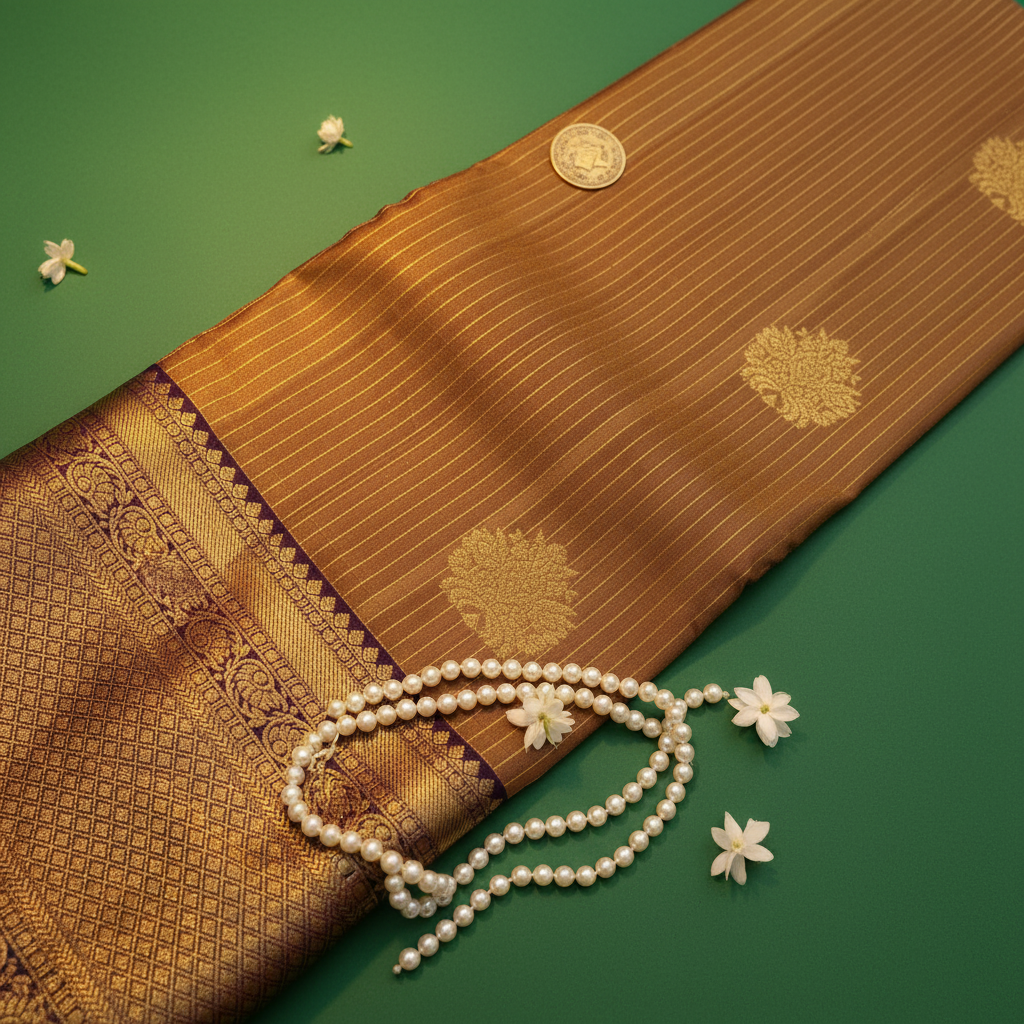Kuberan Golden Brown Kanchipuram Pure Silk Saree