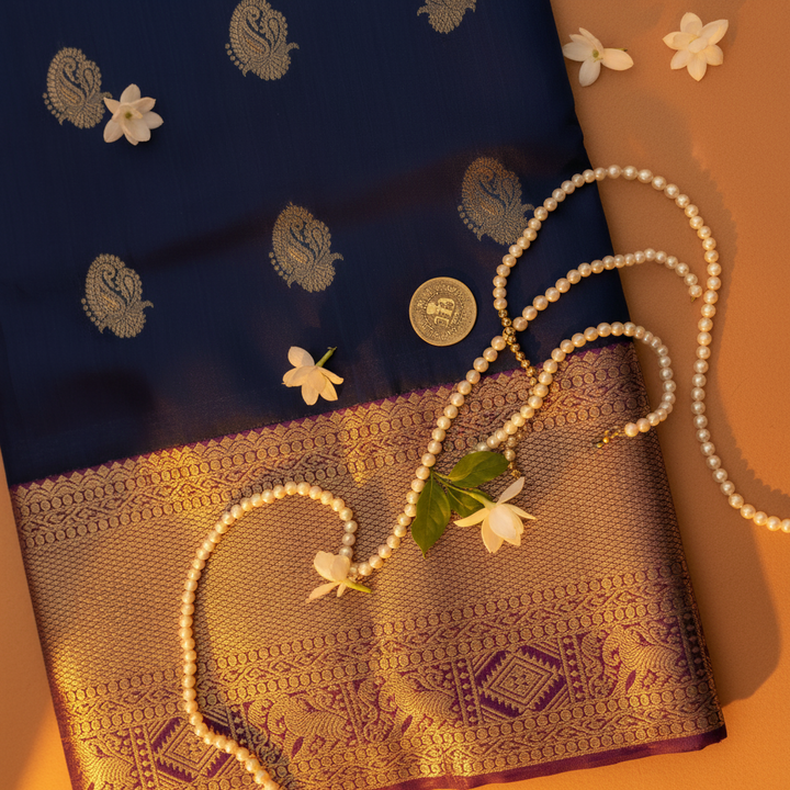 Kuberan Navy Blue Kanchipuram Pure Silk Saree with Gold Paisley Buttas
