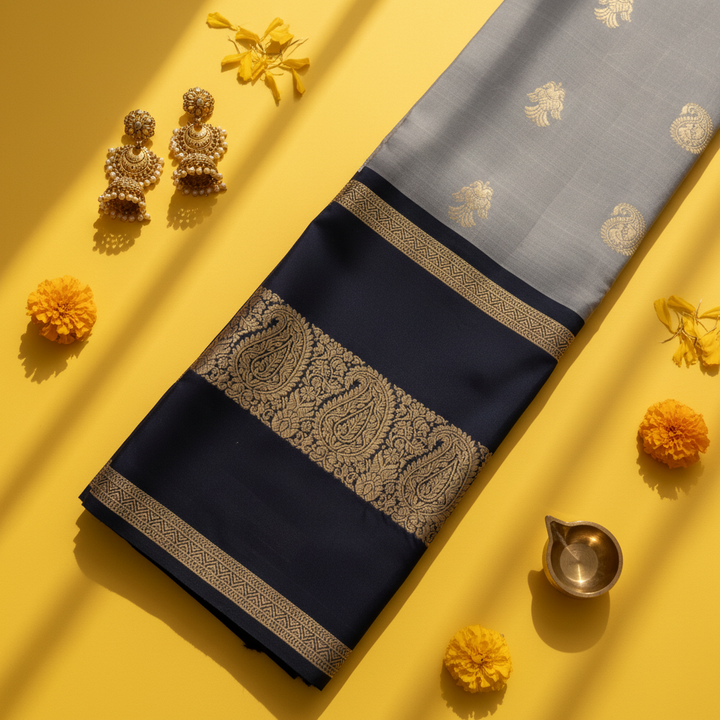 kuberan Grey & Navy Kanchipuram Pure Silk Saree