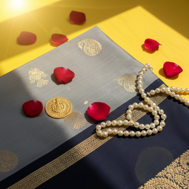 kuberan Grey & Navy Kanchipuram Pure Silk Saree