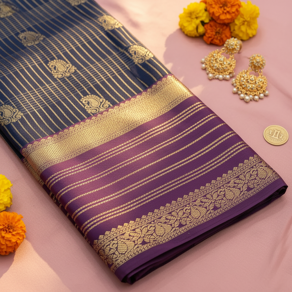 Kuberan Navy Blue Kanchipuram Pure Silk Saree