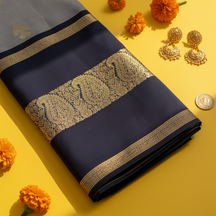 kuberan Grey & Navy Kanchipuram Pure Silk Saree