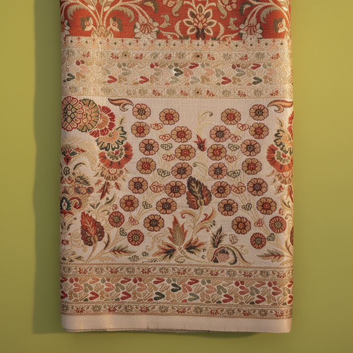 Kuberan Rust Red Kanchipuram Silk Saree with Floral Vase & Cream Meenakari border
