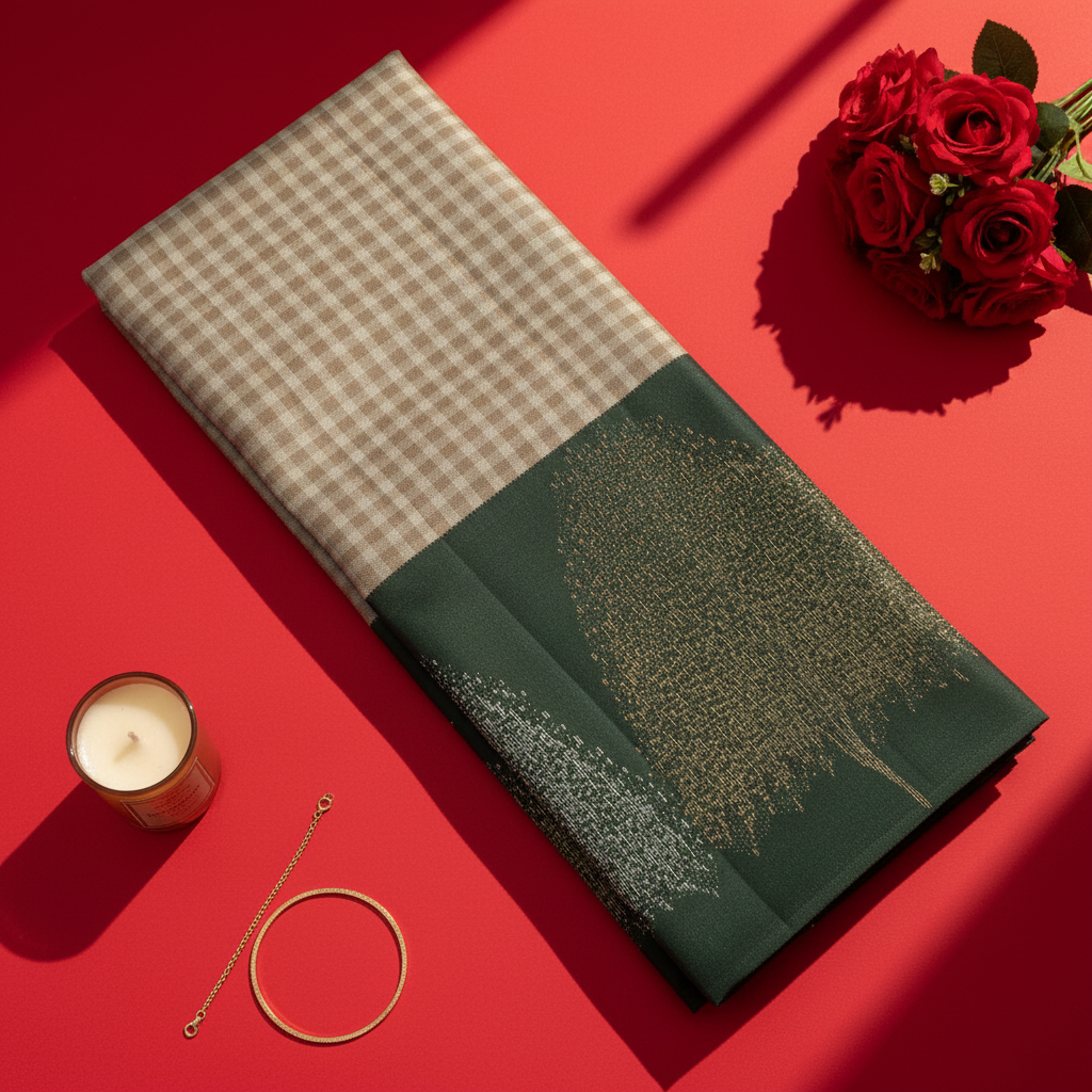 Kuberan Ivory Cream Gingham Check Body with Deep Bottle Green Gold Zari border Kanchipuram Silk Saree